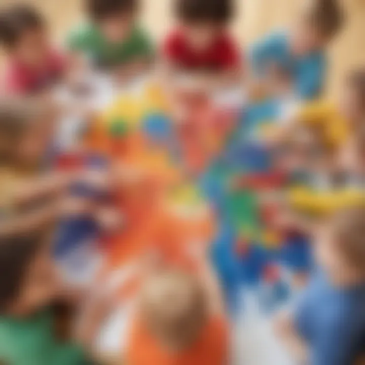 A small group of toddlers participating in a collaborative art project.