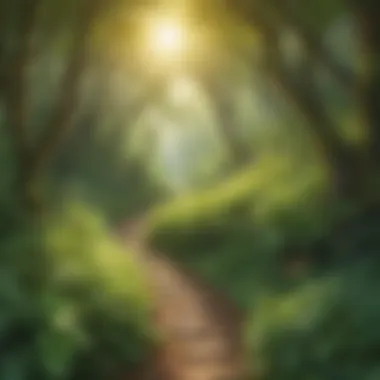 A path winding through a lush forest with sunlight filtering through the leaves