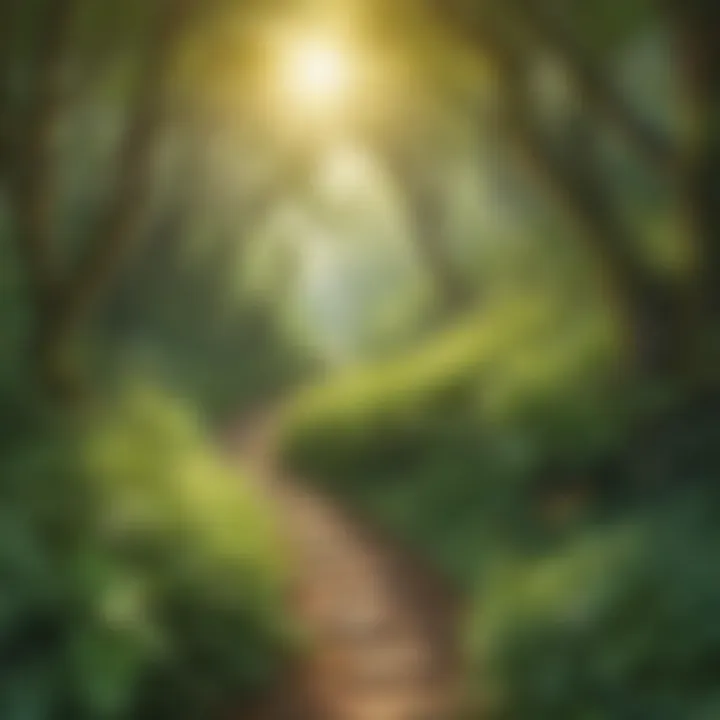 A path winding through a lush forest with sunlight filtering through the leaves