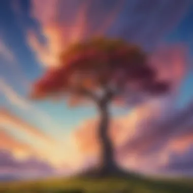 A single tree standing tall against a vibrant sky filled with swirling clouds