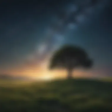 Single tree in a vast field under a starry night sky