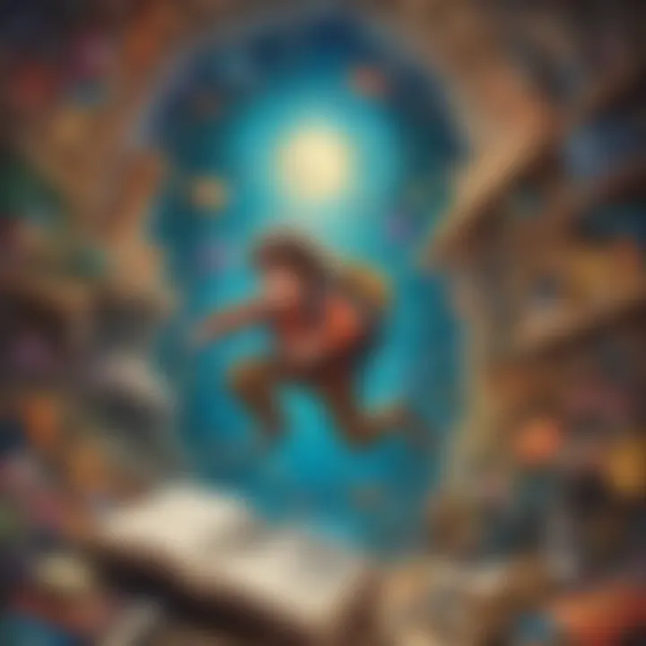 A child immersed in a colorful storybook, lost in adventure.