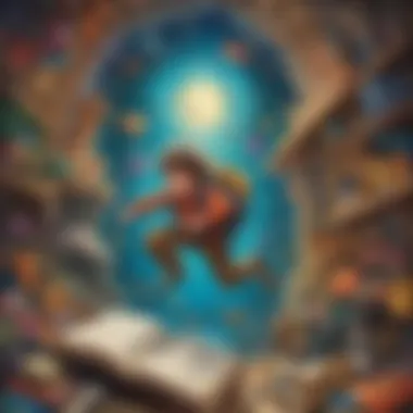 Diving into Adventures of Imagination A child immersed in a colorful storybook, lost in adventure.