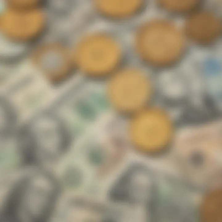 Illustration showcasing various coins and bills for learning about currency