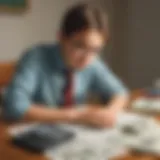Illustration of a young student calculating money math problems