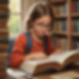 Illustration of a young student engrossed in reading a book