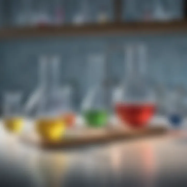 Laboratory setting with volumetric flasks in use