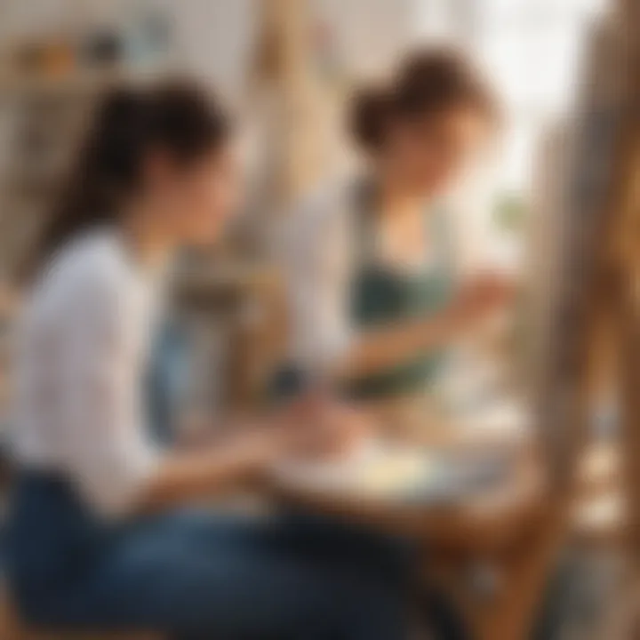 Mother and daughter painting together in a cozy art studio