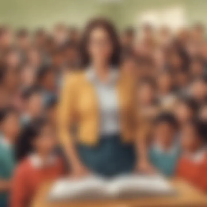 Illustration of a teacher standing in front of a diverse group of students