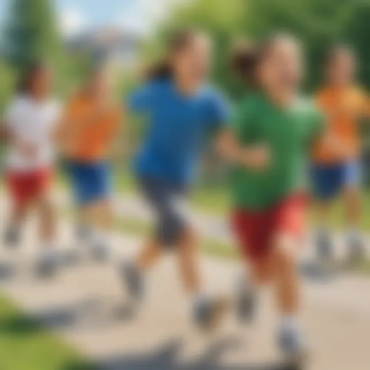 Elementary school children participating in a physically active game, promoting health.