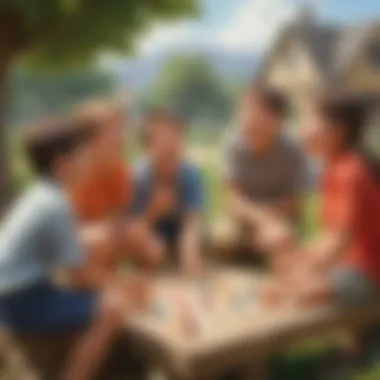 A group of children strategizing and laughing while playing an outdoor game.