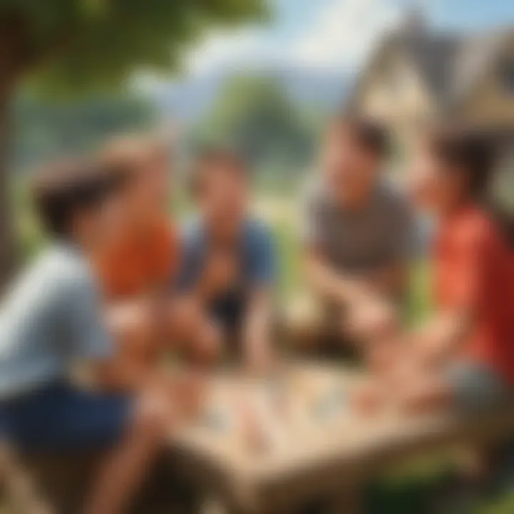A group of children strategizing and laughing while playing an outdoor game.