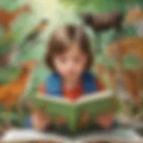 A young child exploring a colorful nonfiction book with illustrations of animals.