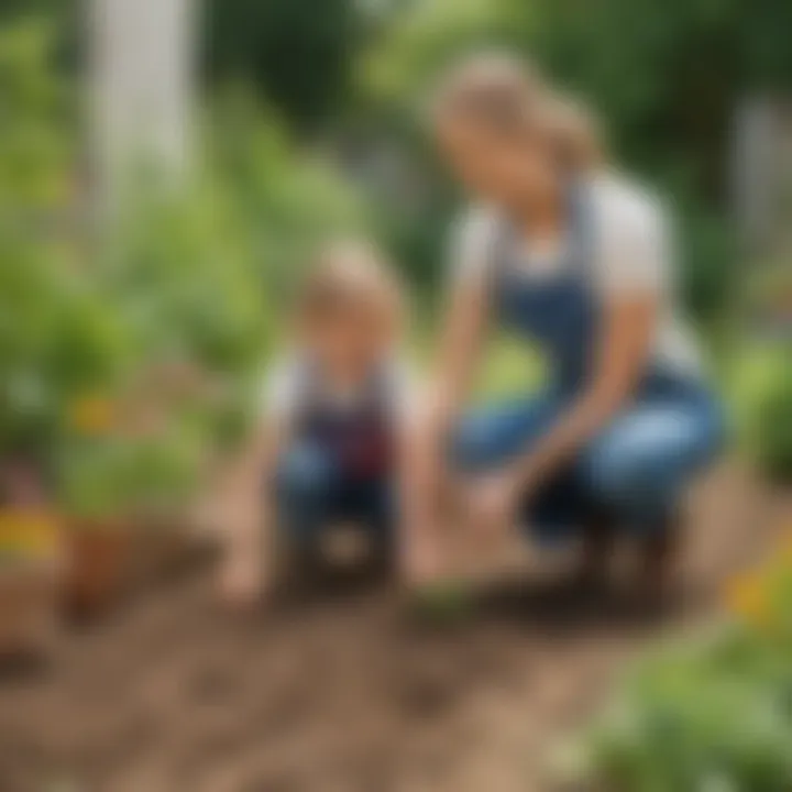 Parent and child planting seeds in a garden