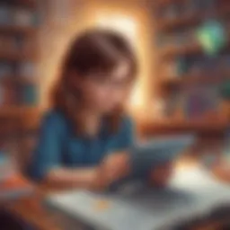 A young student engrossed in reading an online book on a tablet, surrounded by colorful illustrations.