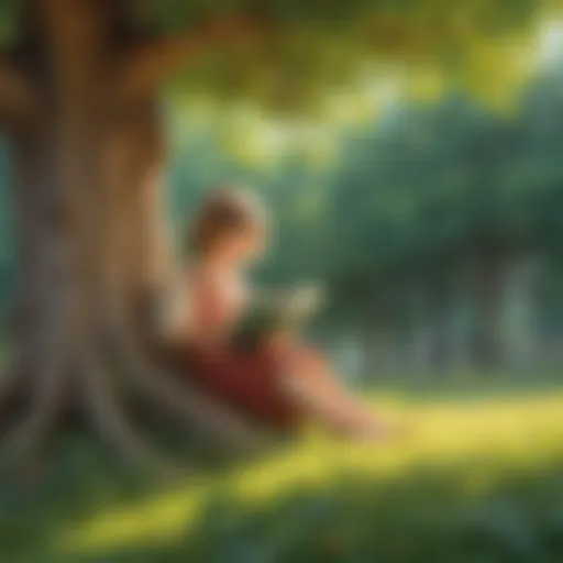 Illustration of a child reading a book under a tree