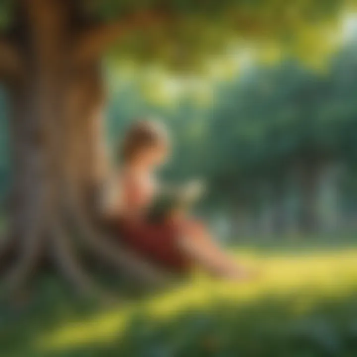 Illustration of a child reading a book under a tree