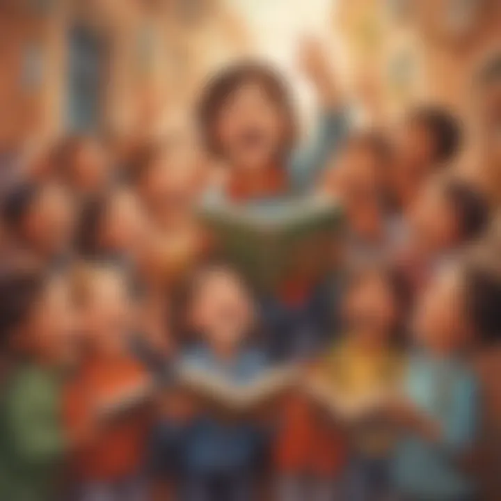 Illustration of a diverse group of children excitedly receiving a book delivery