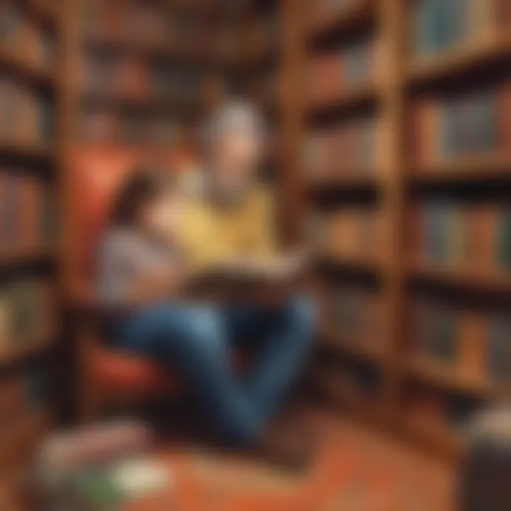 Illustration of a parent and child browsing through a virtual bookshelf