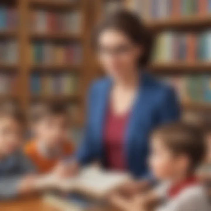 Illustration of a teacher recommending children's books through a digital platform