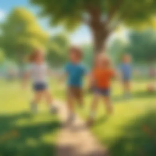 Children playing tag in a sunny park