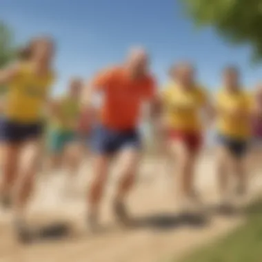 Adults laughing while participating in a competitive relay race