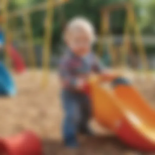 A one-year-old exploring a vibrant outdoor playground