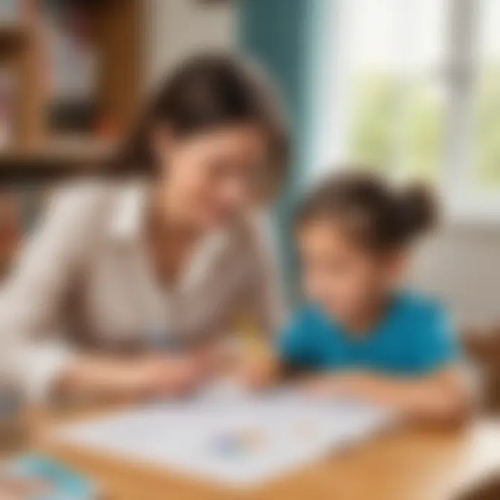 A parent helping a child with spelling exercises at home.