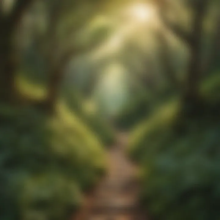 A winding path through a dense forest with sunlight filtering through the trees