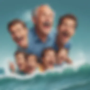 Timeless Humor in Dad Jokes Whimsical scene of a dad joke creating waves of laughter among different age groups