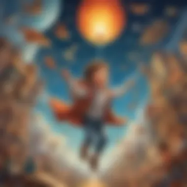 Illustration of a young child's imagination soaring high with various story characters around them