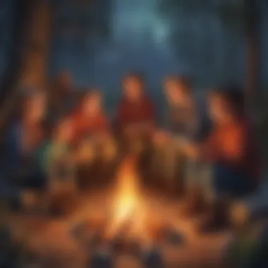 Illustration of diverse group of children sitting around a campfire listening intently to a storyteller