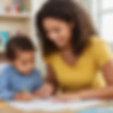 Illustration depicting parent and child exploring pre k letter worksheets together