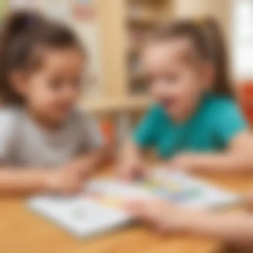 Illustration of preschool children engaged in a sight word recognition activity