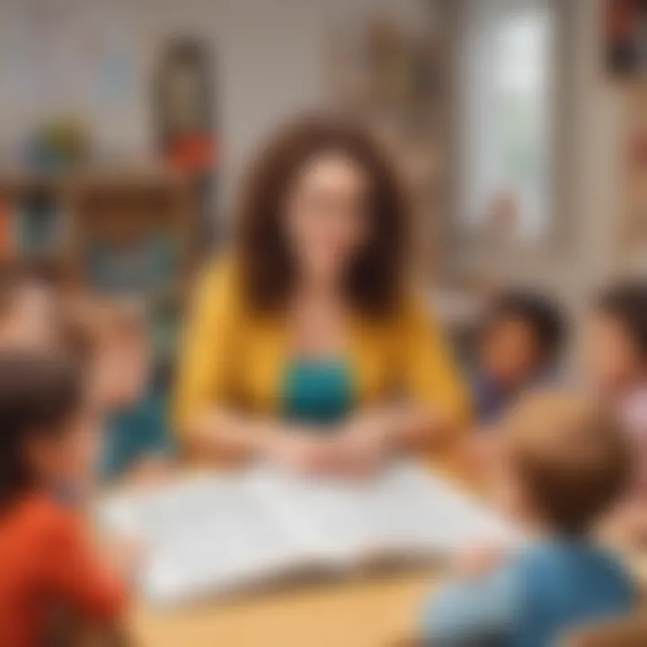 Illustration of a teacher using interactive storytelling to teach X words to preschoolers