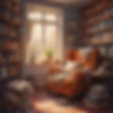 Illustration of a cozy reading nook with a soft armchair and a stack of books