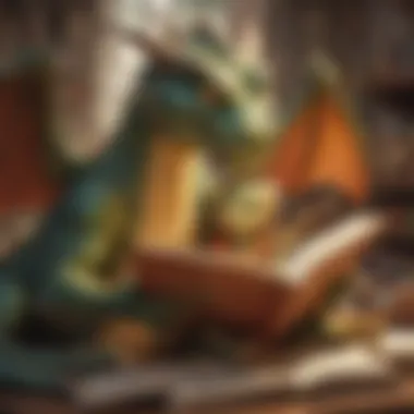 Illustration of a friendly dragon reading a book with a young child