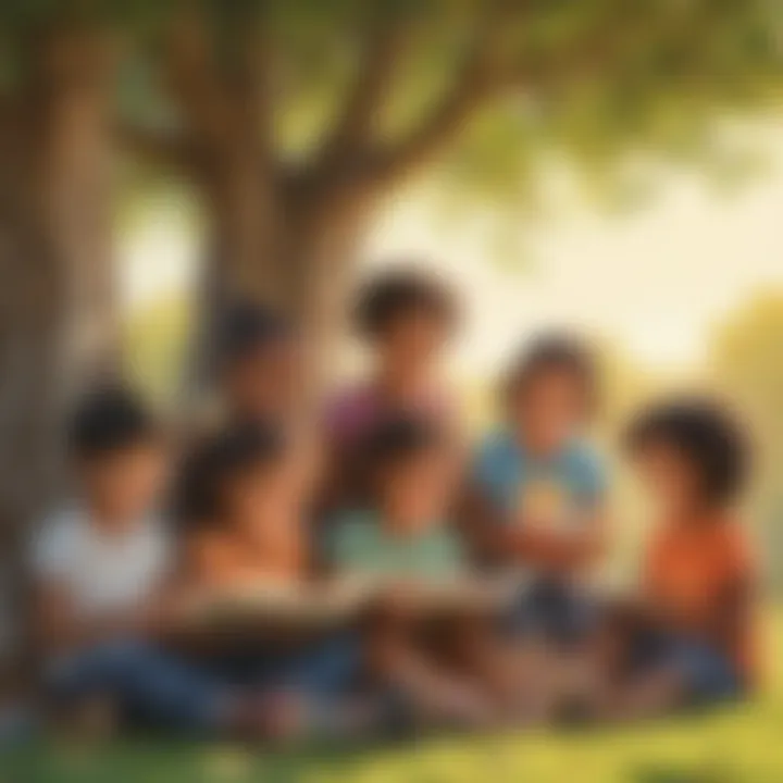 Illustration of a diverse group of children happily reading under a tree