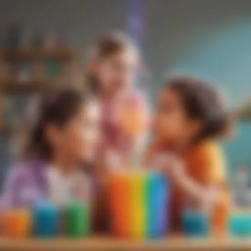 Children observing a colorful chemical reaction in a clear container