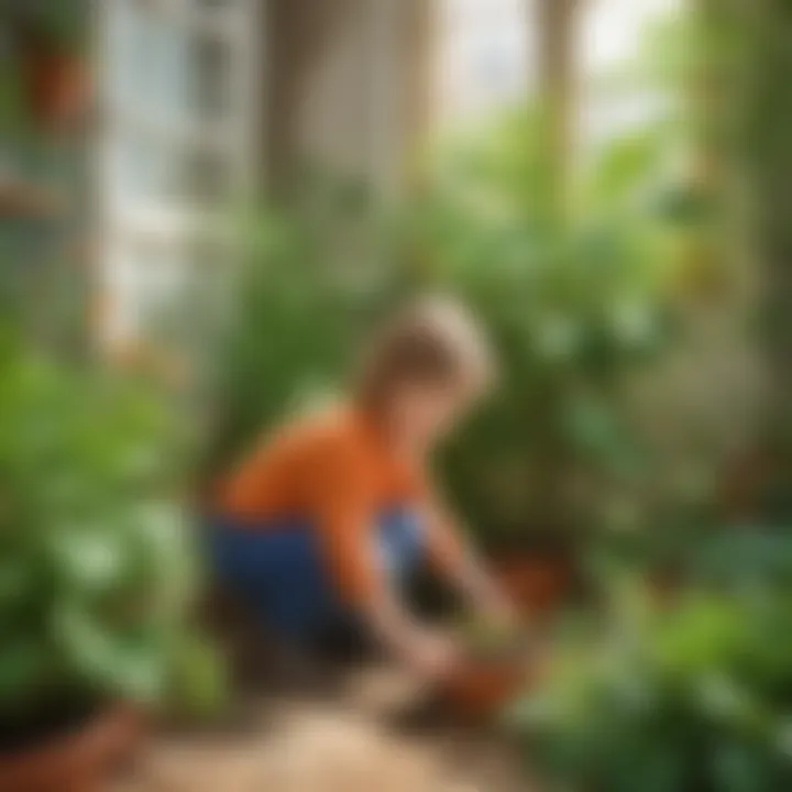 A child exploring plant growth in a small garden at home