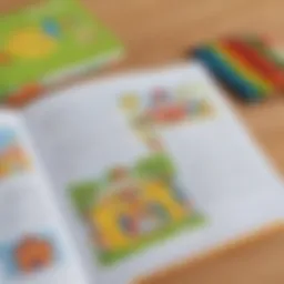 Colorful kindergarten workbook spread open on a table