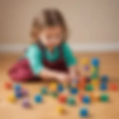 Preschooler engaged in a sensory counting activity with colorful blocks