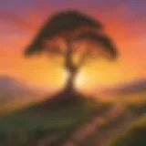 A serene landscape with a single tree standing tall against a vibrant sunset
