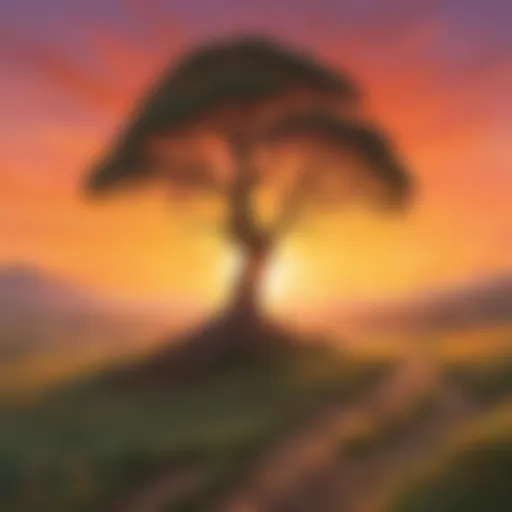 A serene landscape with a single tree standing tall against a vibrant sunset