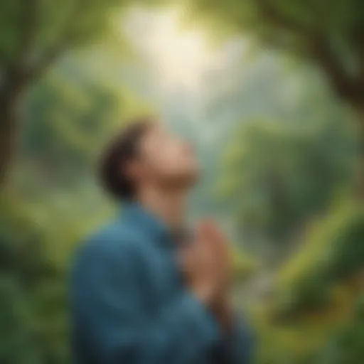 Illustration of a young adult surrounded by nature, eyes closed in prayer