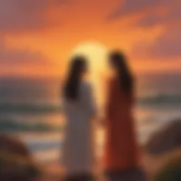 Sisters gazing at a sunset over the horizon
