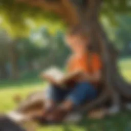Illustration depicting a young child immersed in a book under a tree
