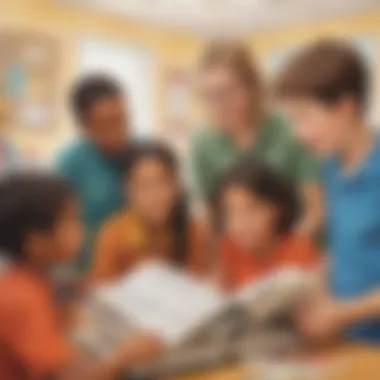 Fostering Collaborative Learning Environment Illustration showing a diverse group of children discussing a book in a classroom