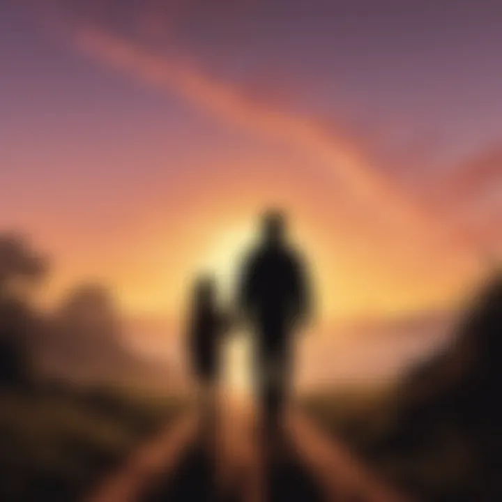 Silhouette of a parent and child walking hand in hand towards the horizon