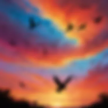 Silhouettes of birds soaring in a colorful sky